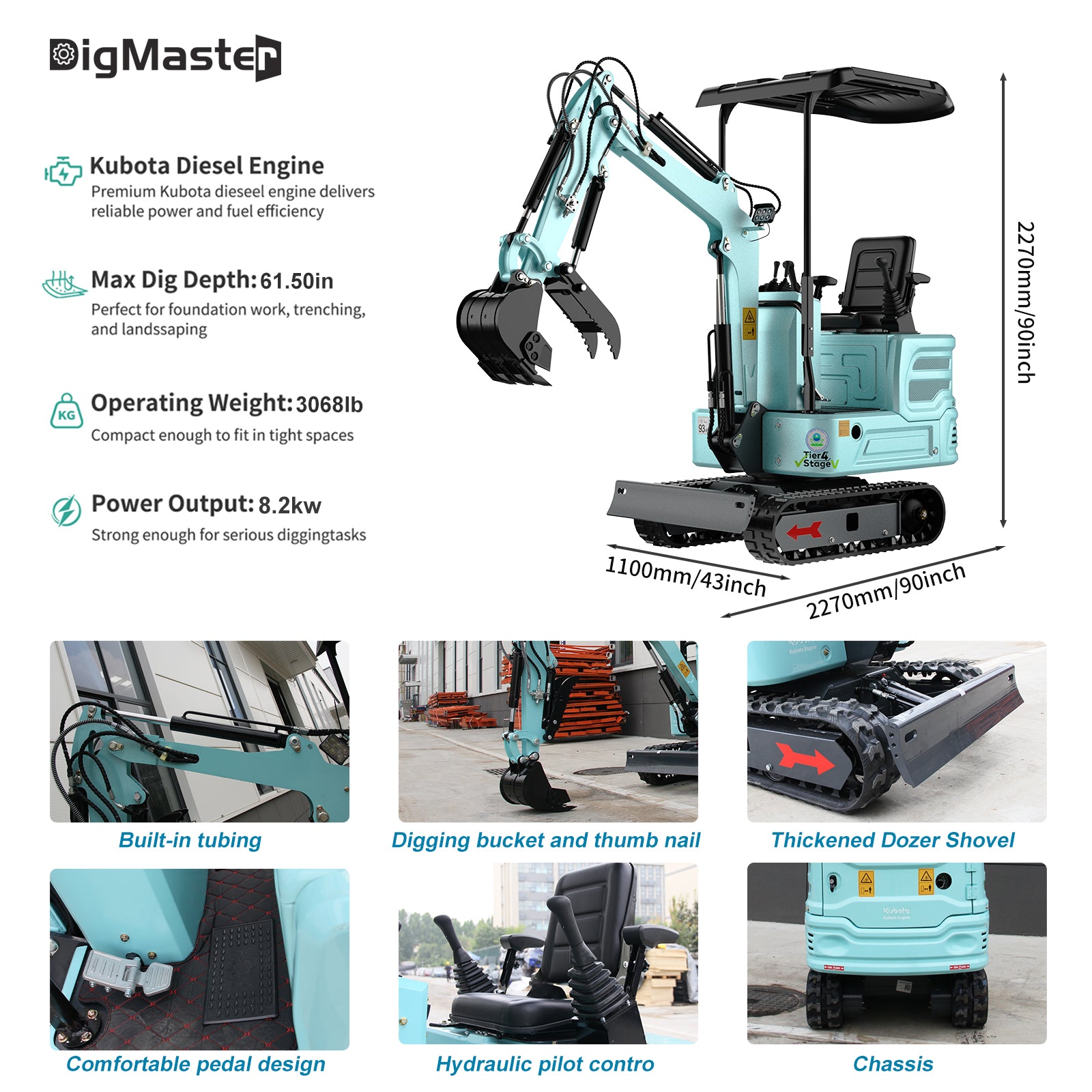 DigMaster 1.4 Ton Mini Excavator Kubota Twin-Cylinder Diesel Engine Equipped with Pilot System for Gardening Landscaping and Indoor Use EPA certified