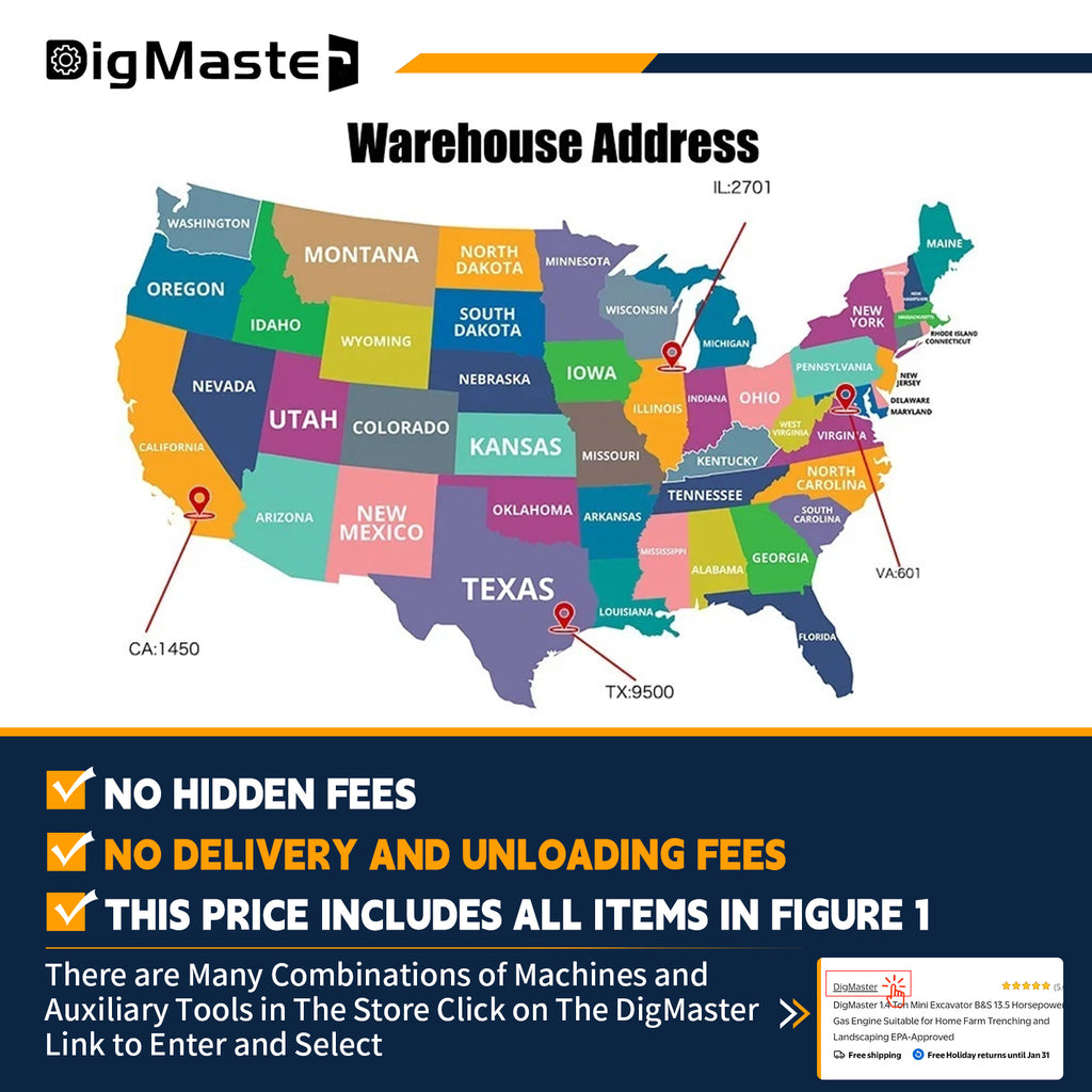 DigMaster 1.2-Ton Mini Excavator Equipped with Pilot System 13.5HP B&S Petrol Engine Suitable for Homes Farms Municipal Parks Etc EPA Certification