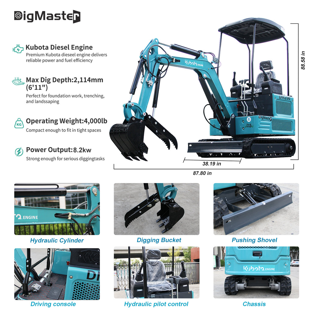 DigMaster 1.8 Ton Mini Excavator Kubota Diesel Engine 2800LBS Dig Force for Home Garden Digging Trenches Landscaping & Construction EPA Certified