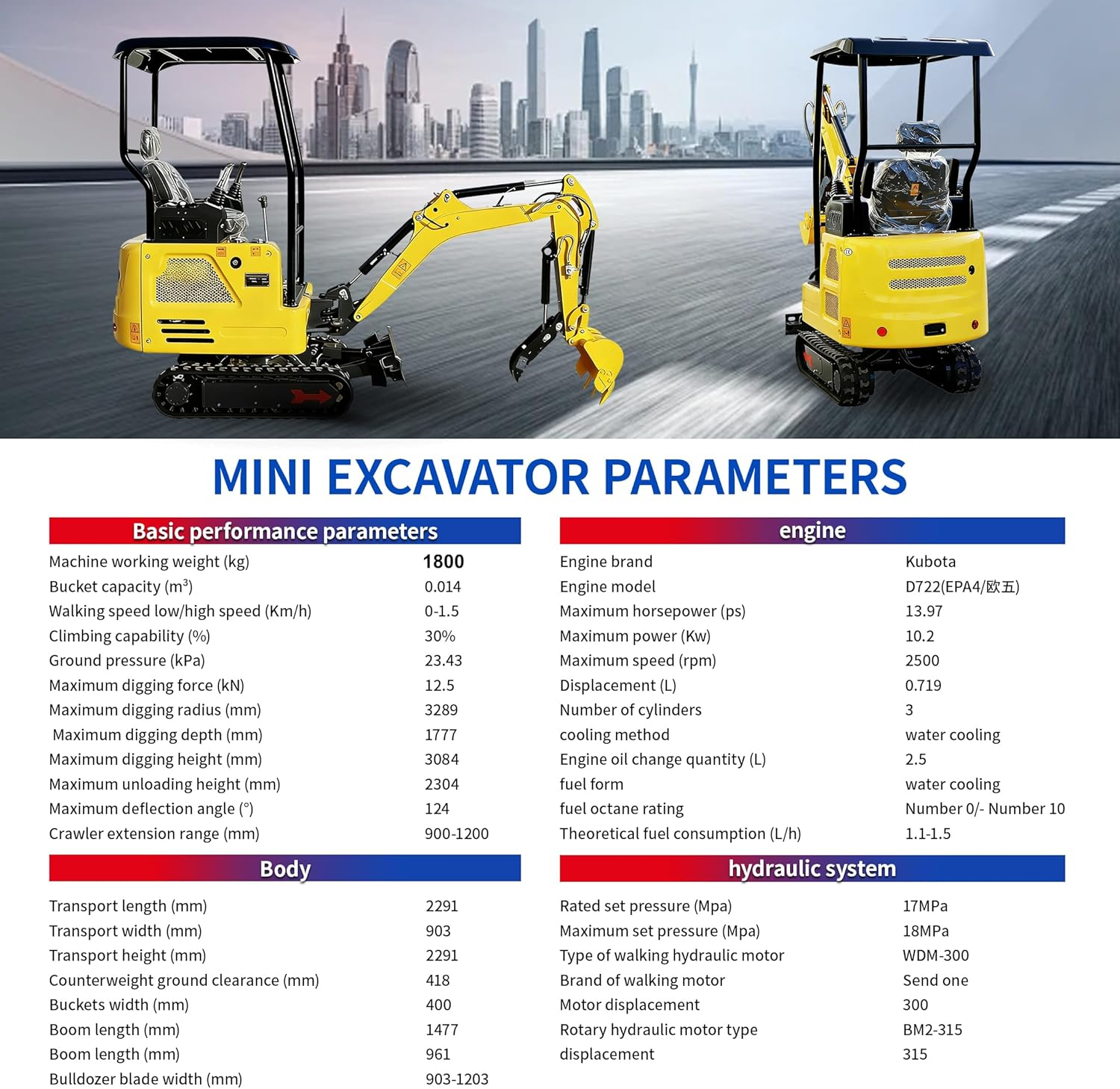 DigMaster 1.8 Ton Mini Excavator Kubota 3-Cylinder Diesel Engine Equipped with Pilot System System Track Extension Side Swing Arm EPA Certification