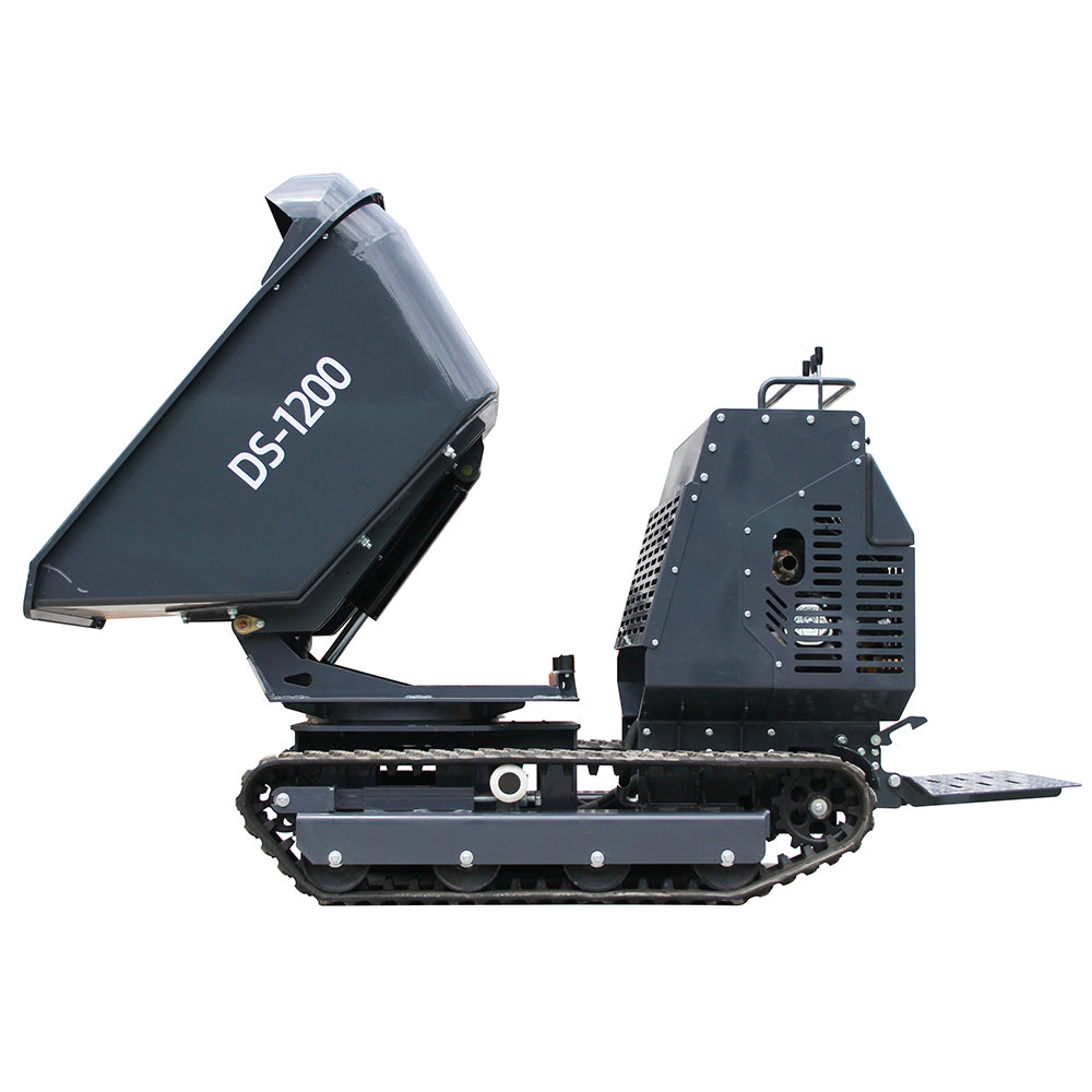 Mini Tracked DumperTracked Power Barrow 2650 lb Concrete Buggy – Gas Powered, B & S Engine, Hydraulic Dump, 180° Rotating Crawler Dumper with Rubber Tracks Stand-On Platform