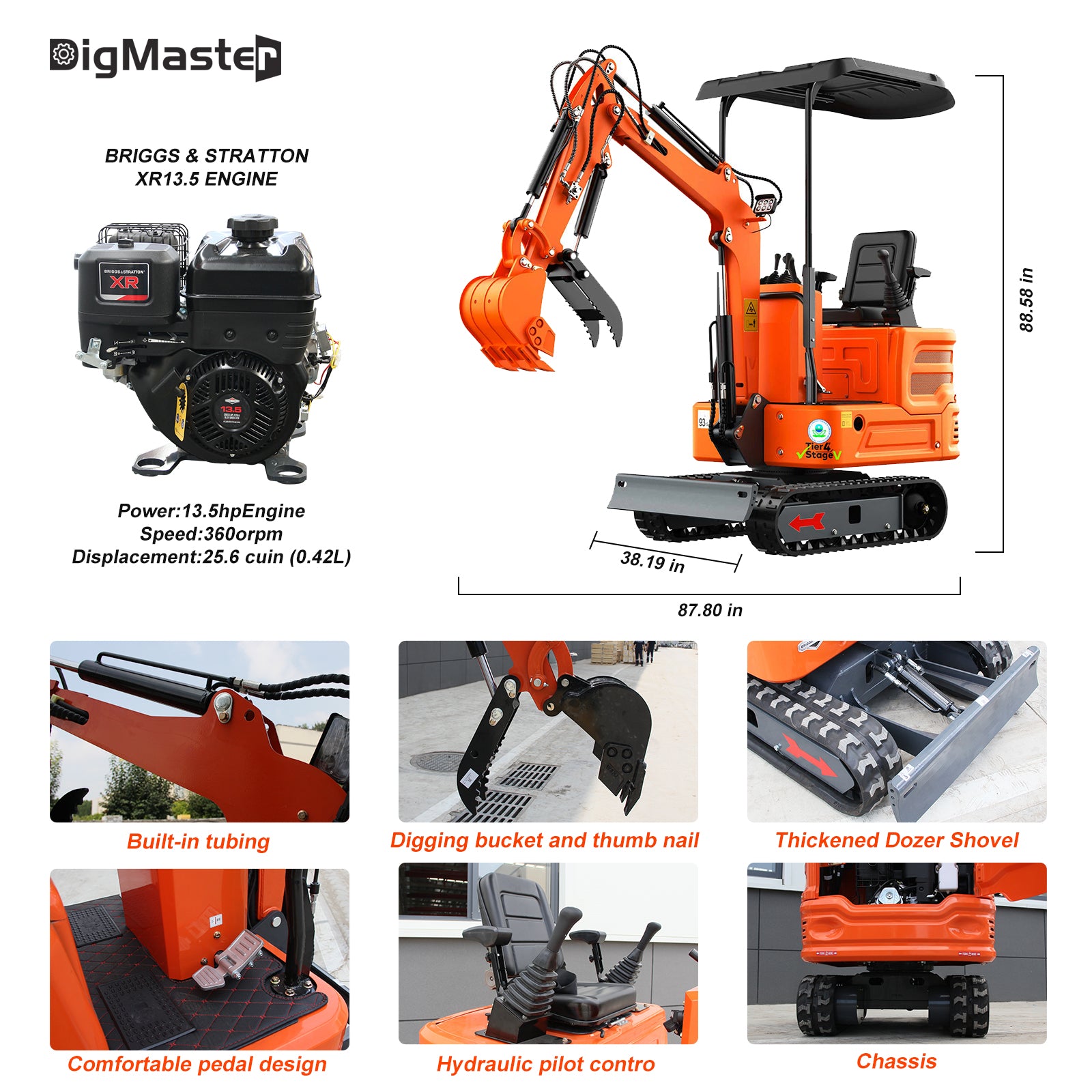 DigMaster 1.2-Ton Mini Excavator Equipped with Pilot System 13.5HP B&S Petrol Engine Suitable for Homes Farms Municipal Parks Etc EPA Certification