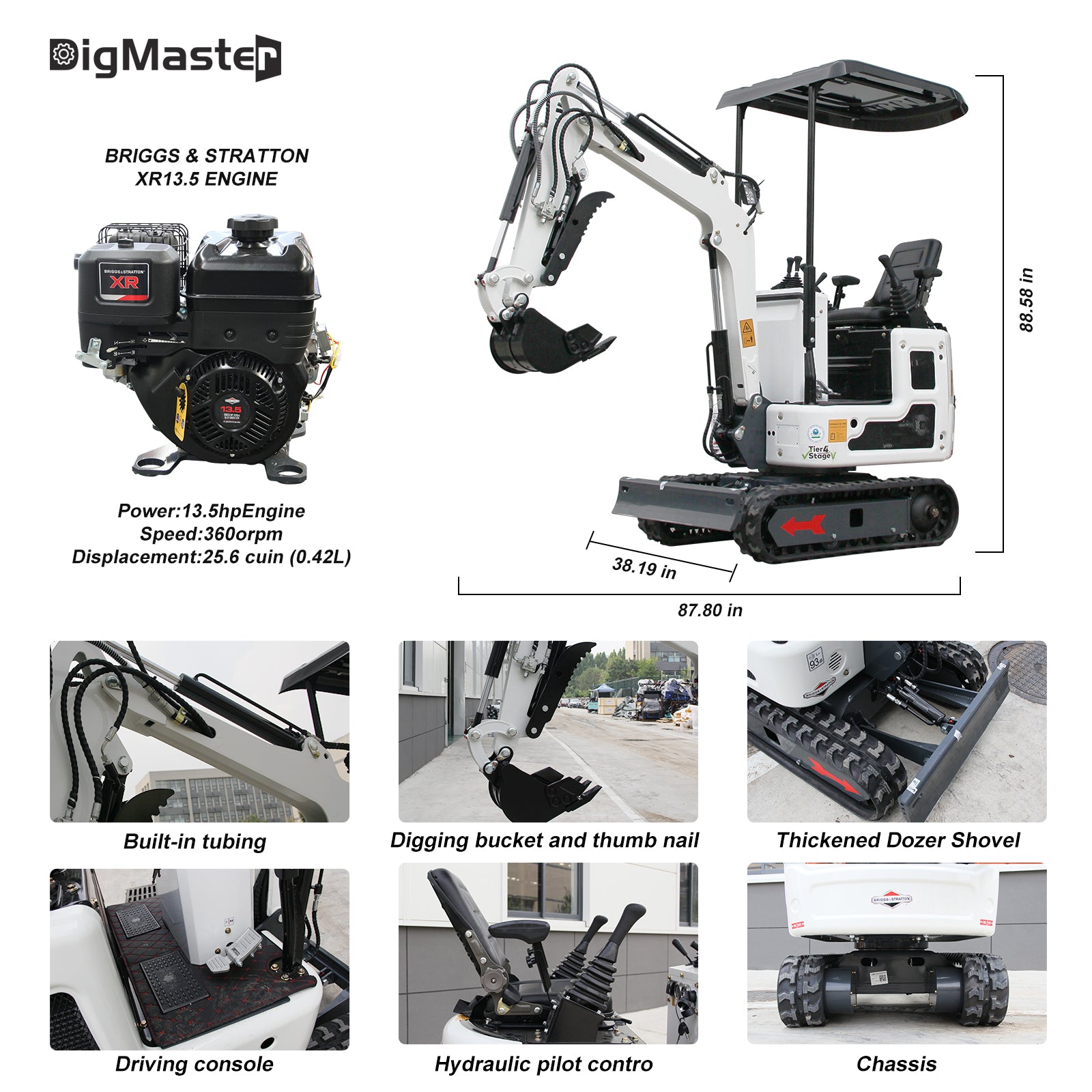 DigMaster 1.2-Ton Mini Excavator Equipped with Pilot System 13.5HP B&S Petrol Engine Suitable for Homes Farms Municipal Parks Etc EPA Certification