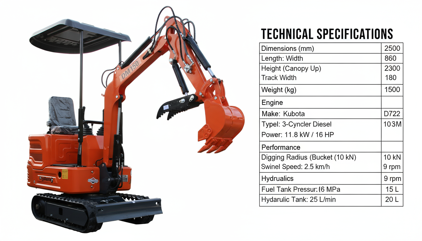 DM150 Mini Excavator - Compact 2000lb Gasoline Powered Digger with Briggs & Stratton Engine